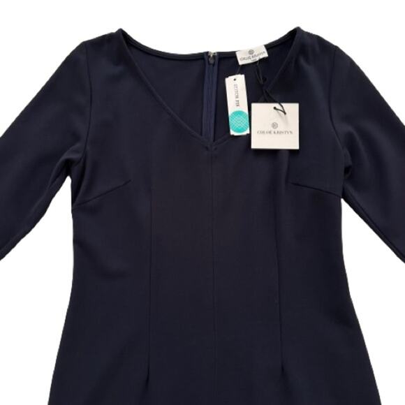 Chloe Kristyn Maggie Navy Ponte Knit V-Neck Long Sleeve Sheath Dress Large NEW - Picture 9 of 12